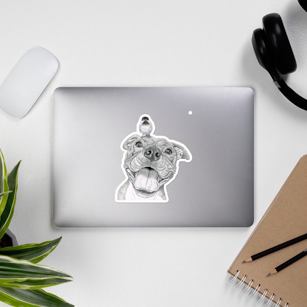sticker of pit bull dog on laptop computer 