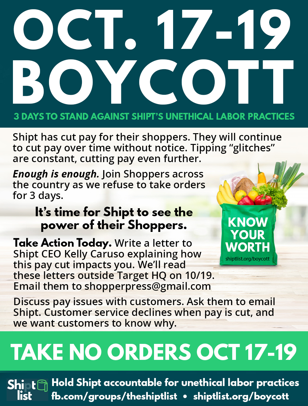 October 7-9 boycott: Take No Orders Oct 17-19