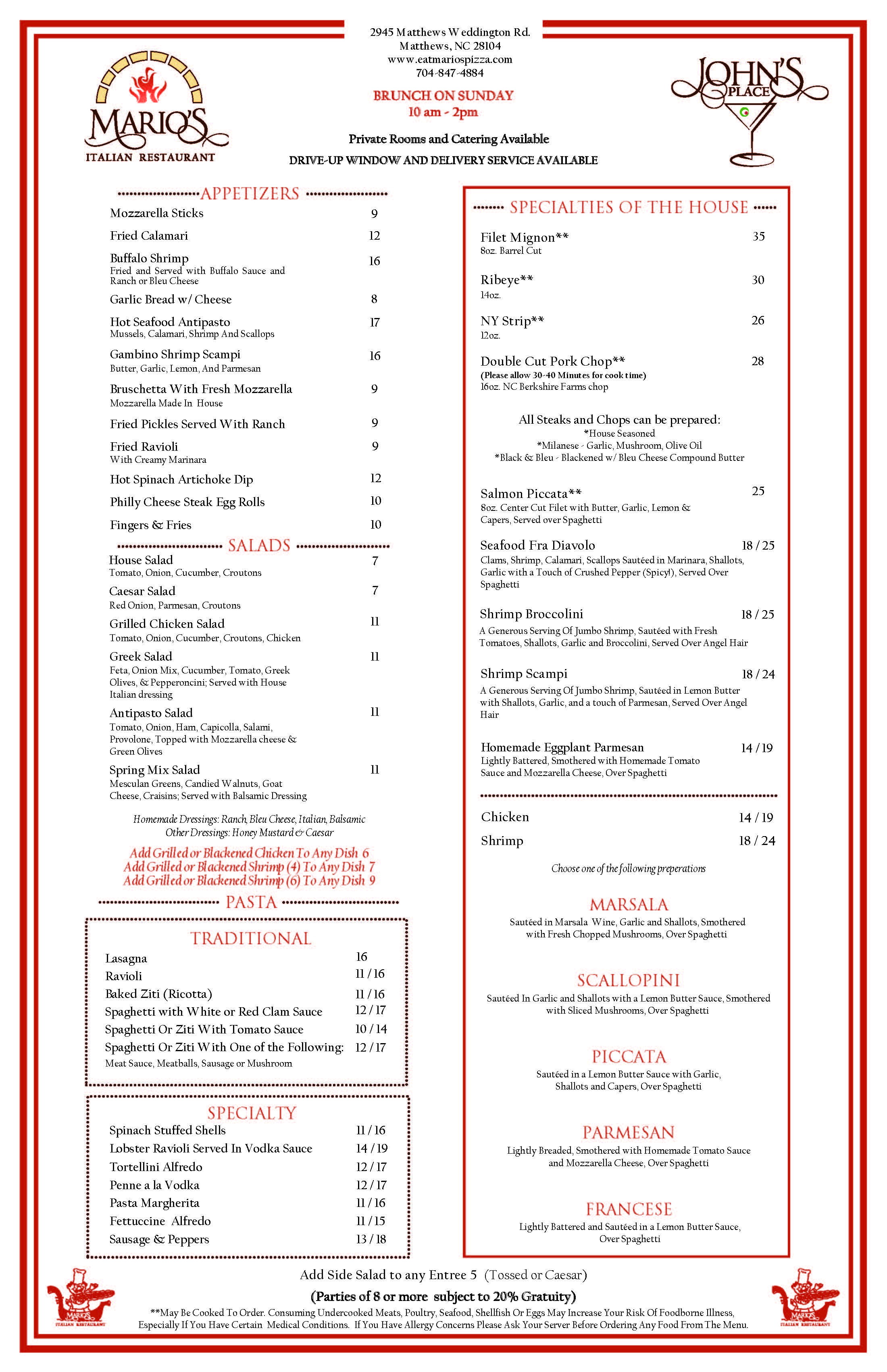 Our Menu - Mario's Italian Restaurant