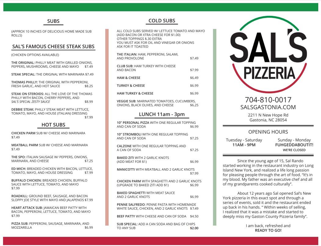 Sal's Pizzeria Menu