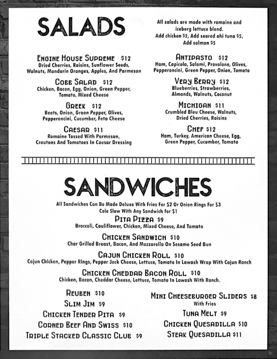 Menus for The Engine House sports bar and restaurant in Mt. Clemens
