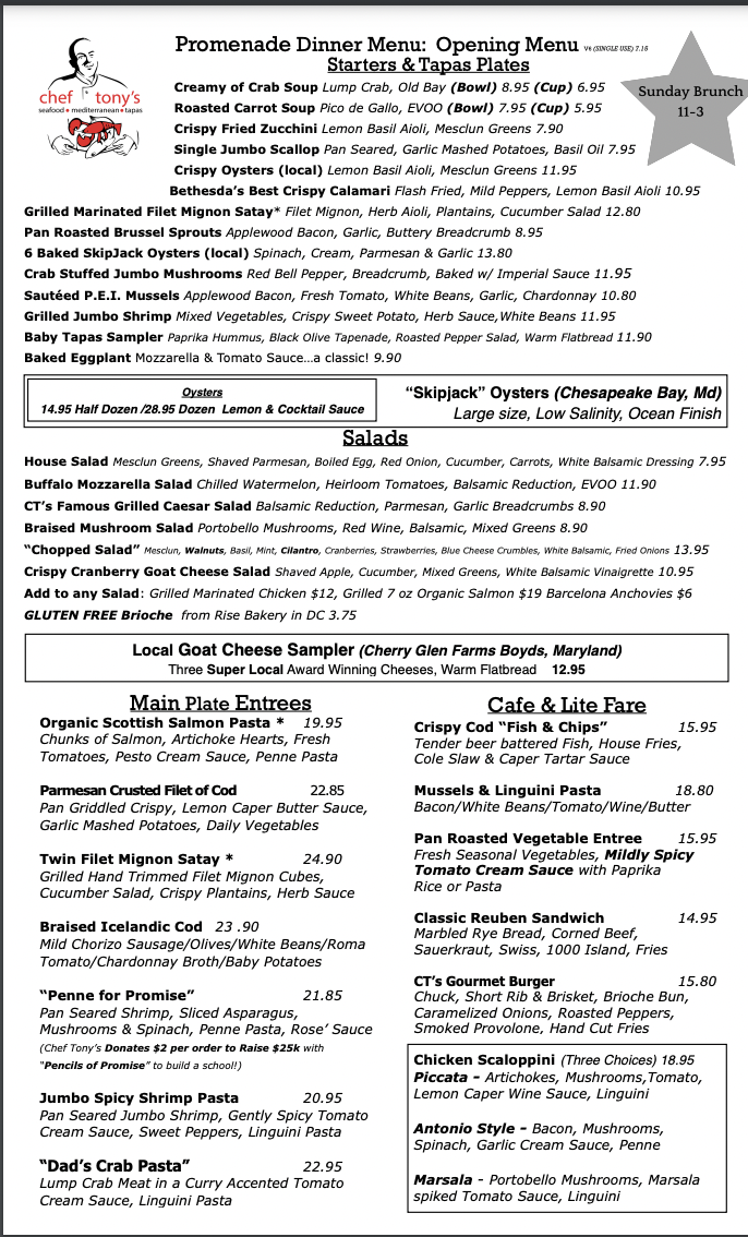 DINNER MENU from Chef Tony's Promenade